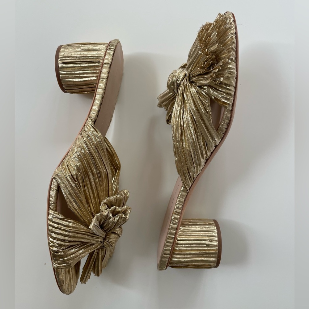 Loeffler Randall Metallic Gold Pleated Knot Block Heel Mules